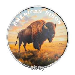 1 oz Silver The Wild American Bison. 999 Silver Color Round in Certi-Lock
