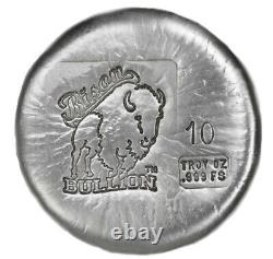 10 Troy Ounce. 999 Fine Silver Hand Poured Bison Bullion Standard Round Nebraska