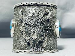 176 Gram Bison Native American Turquoise Sterling Silver Wide Bracelet