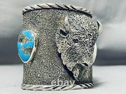 176 Gram Bison Native American Turquoise Sterling Silver Wide Bracelet