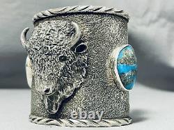 176 Gram Bison Native American Turquoise Sterling Silver Wide Bracelet