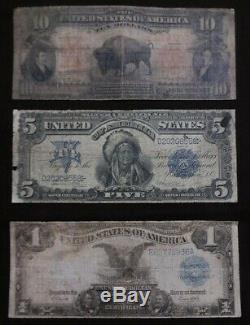1899 $5 CHIEF. 1901 $10 BISON, 1899 $1 3 Horseblanket Large Size US Currency Lot