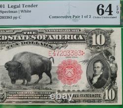 1901 $10 BISON Consecutive Pair 64 EPQ & 65 EPQ EXTREMELY RARE PAIR