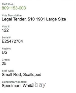 1901 $10 Legal Tender Bison Note Fr. 122 PMG VF25 Red Seal