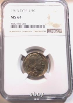 1913 Type 1 Buffalo Nickel NGC MS 64 Great Strike Full-Horn Pastel Color Mix