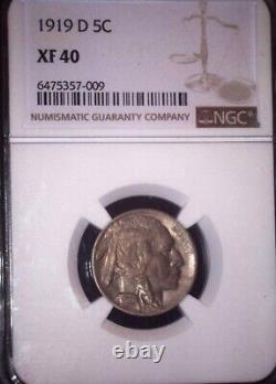 1919-D Buffalo Nickel, NGC XF 40, Tougher Date, Issue Free