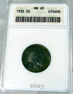 1935 Native American Buffalo Nickel Anacs Ms-65 Original Pq Old Soap Box Holder