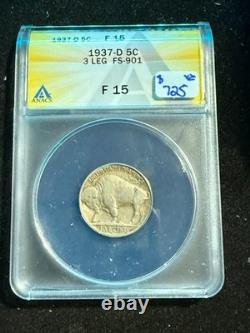 1937 D 3 Legged Buffalo Nickel Fs-901 Anacs F 15