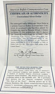 2001 Smithsonian American Buffalo Silver Commemorative $1 Uncirculated With Box