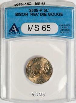 2005 ANACS MS65 Unicorn Bison Die Gouge Bison Nickel Mint Error Golden Toned