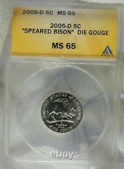 2005-D 5C Jefferson Nickel Speared Bison Die Gouge, ANACS MS65