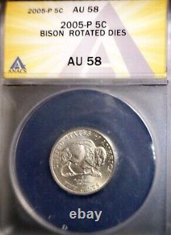 2005 ERROR ANACS AU58 90' ROTATED REVERSE BISON Jefferson Nickel CH AU RARE Coin