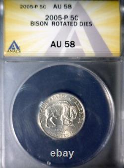 2005 ERROR ANACS AU58 90' ROTATED REVERSE BISON Jefferson Nickel CH AU RARE Coin