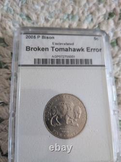 2005 P Bison 5-c Broken -tomahawk- Error Rare, Uncirulated Apg Certifed
