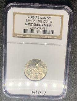 2005 P Bison 5c Reverse Die Crack Mint Error Ms 64 Ngc