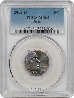 2005-d Jefferson Nickel Bison Pcgs Ms64 Blue Toning