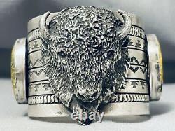 202 Grams Native American Bison Yellow Jasper Sterling Silver Bracelet