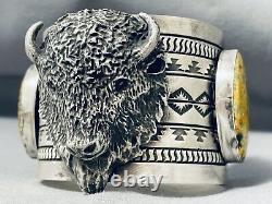 202 Grams Native American Bison Yellow Jasper Sterling Silver Bracelet