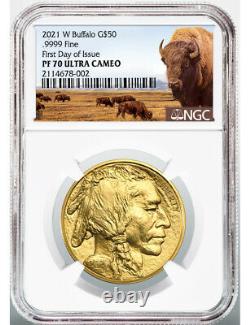 2021-W $50 Proof Gold Buffalo First Day of Issue Bison Label NGC PF70 Ultra Cam