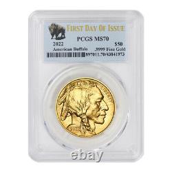 2022 $50 Gold Buffalo PCGS MS70 FDOI First Day of Issue Bullion Bison Label Coin