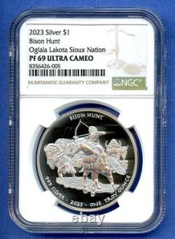 2023 NGC PR69 UCAM Oglala Lakota Sioux Nation America. 999 Silver $1 Bison Hunt