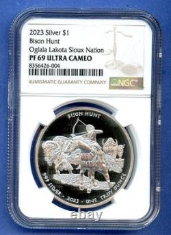 2023 NGC PR69 UCAM Oglala Lakota Sioux Nation America. 999 Silver $1 Bison Hunt