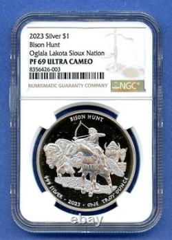 2023 NGC PR69 UCAM Oglala Lakota Sioux Nation America. 999 Silver $1 Bison Hunt