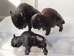 3 Hand Carved Ironwood Bison Buffalo Family