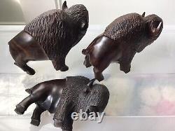 3 Hand Carved Ironwood Bison Buffalo Family