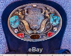 4.5 X 3.2.925 Silver &14K Belt Buckle-large Bison-Turquoise-Coral-Fire Agate