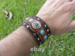 Adjustable bracelet sterling silver turquoise genuine Buffalo Bison leather