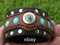 Adjustable bracelet sterling silver turquoise genuine Buffalo Bison leather