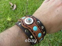 Adjustable bracelet sterling silver turquoise genuine Buffalo Bison leather