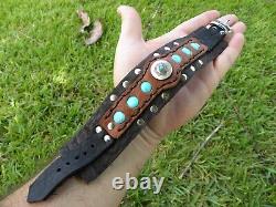 Adjustable bracelet sterling silver turquoise genuine Buffalo Bison leather