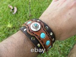 Adjustable bracelet sterling silver turquoise genuine Buffalo Bison leather