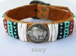 Adjustable cuff bracelet full horn Buffalo Indian coin Bison leather shell coral