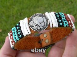 Adjustable cuff bracelet full horn Buffalo Indian coin Bison leather shell coral