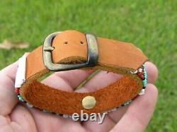 Adjustable cuff bracelet full horn Buffalo Indian coin Bison leather shell coral