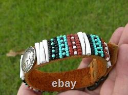 Adjustable cuff bracelet full horn Buffalo Indian coin Bison leather shell coral