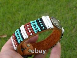 Adjustable cuff bracelet full horn Buffalo Indian coin Bison leather shell coral