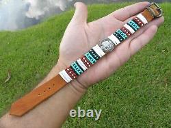 Adjustable cuff bracelet full horn Buffalo Indian coin Bison leather shell coral