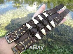 Alligator Bison leather 3 inch large men bracelet ketoh tooth adjustable biker