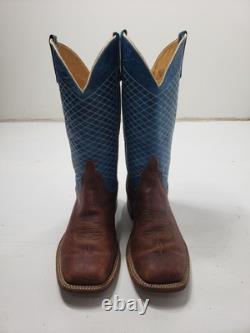 Anderson Bean S1116 Men's 10 EE Cowboy Boots Blue Brown Bison Leather Square Toe
