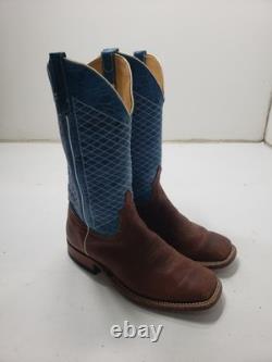 Anderson Bean S1116 Men's 10 EE Cowboy Boots Blue Brown Bison Leather Square Toe