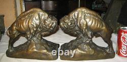 Antique 1915 Armor Bronze Jk Krupka Buffalo Bison Art Statue Sculpture Bookends