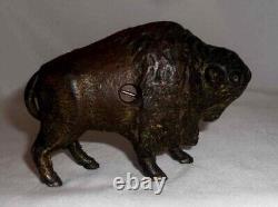 Antique Cast Iron Gold Painted Still Penny Bank Buffalo Bison by A. C. Williams