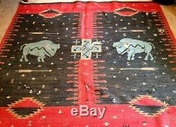 Antique Indian Style Wool Blanket Rug Hand Loomed Deep Red, Green Buffalo Bison