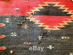 Antique Indian Style Wool Blanket Rug Hand Loomed Deep Red, Green Buffalo Bison