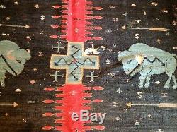 Antique Indian Style Wool Blanket Rug Hand Loomed Deep Red, Green Buffalo Bison