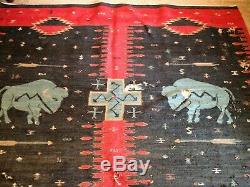 Antique Indian Style Wool Blanket Rug Hand Loomed Deep Red, Green Buffalo Bison